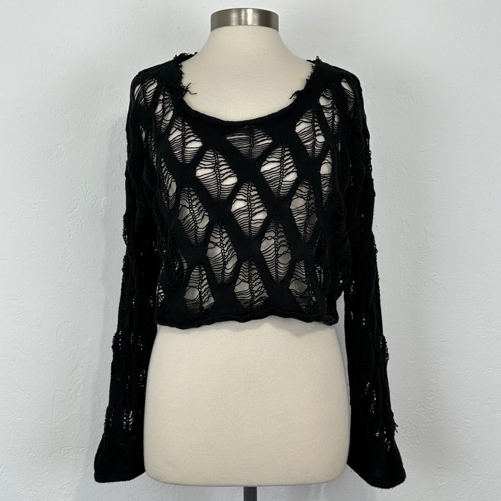 Womens Goth Grunge Distressed Top Sz Large Emo Alt Open Knit Cropped Boxy Black